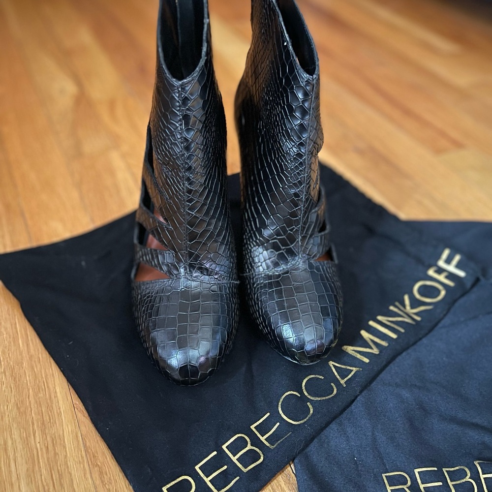 Rebecca Minkoff Black Croc-Embossed Ankle Boots